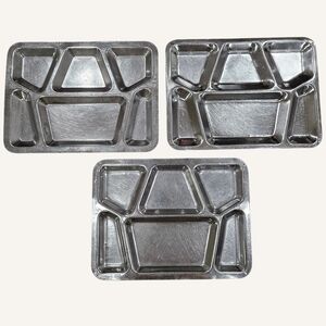 US Military Stainless Steel Mess Hall Food Trays Set of Three Silver Metal Trays